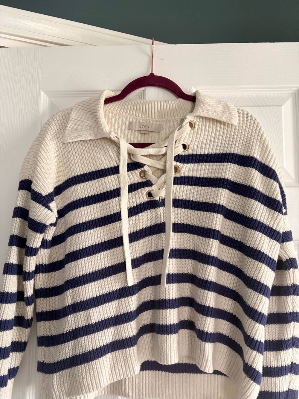 LOFT Cream & Navy Striped Lace-Up V-Neck Sweater